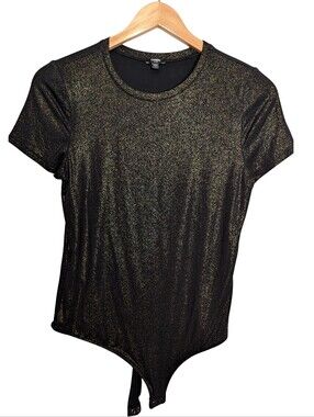 Express Metallic Black Gold Short Sleeve Bodysuit. Medium Fitted